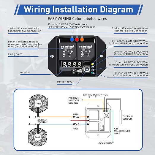 12V Digital Radiator Fan Switch Kit with Mounting Kit, Dual Electric Fan Switch Replace #0444, Adjustable 104°F-230°F w, IP54