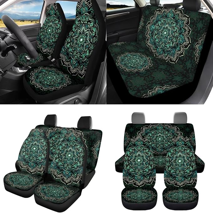 8 Pcs Green Mandala Floral Car Seat Covers Full Set Car Accessories for Women Front Seat Cover Steering Wheel Armrest Cover Seat Belt Cover for Auto SUV Interior Decoration