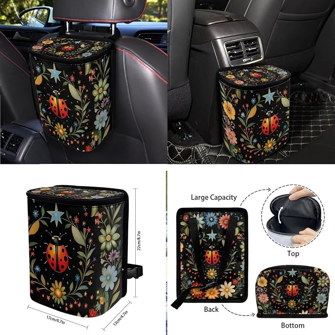 Ladybug Flower Print Car Seat Covers Full Set Car Accessories Pack of 10 Steering Wheel Cover Auto Trash Can Keychain Air Vent Pounch Bag Cup Holder Auto Decorations Interior