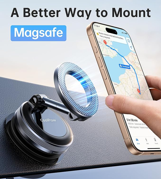 Coolpow Magsafe Car Mount【Strongest Magnet】 Magnetic Phone Holders for Your Car【AdhesiveFree | Pure Vacuum Suction Phone Mount for Car Phone Holder Mount Dash for iPhone 17 16 15 Valentines Day Gifts