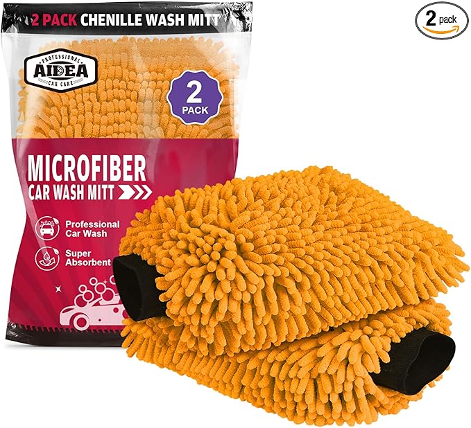 AIDEA Car Wash Mitt Microfiber, 2PK Scratch Free Lint-Free, Premium Chenille Microfiber Mitt Car Wash Brush, Orange, Regular Size 7.12''X10.14''