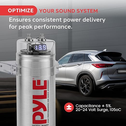 Pyle 3.2 Farad Digital Power Capacitor, High-Performance Car Audio Capacitor, LED Display, Electronic Polarity Protection, Over Voltage Protection, Includes Mounting Hardware and Post Kits, 2.9"x9.7"