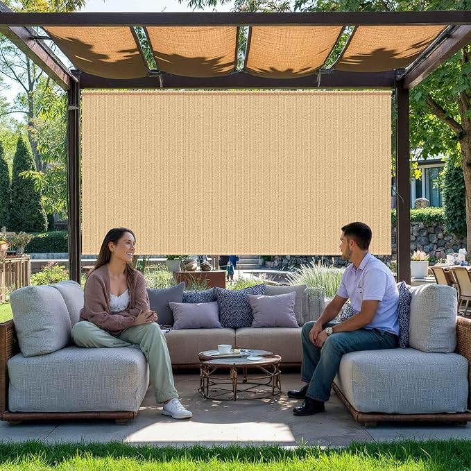 Grandekor Outdoor Roller Shade Cordless,8' W x 6' H,Patio Roll Up,Outdoor Privacy Screen with 220GSM HDPE Aluminum,Wand Operation,Exterior Roller Shades Cloth for Porch Gazebo Backyard,Khaki