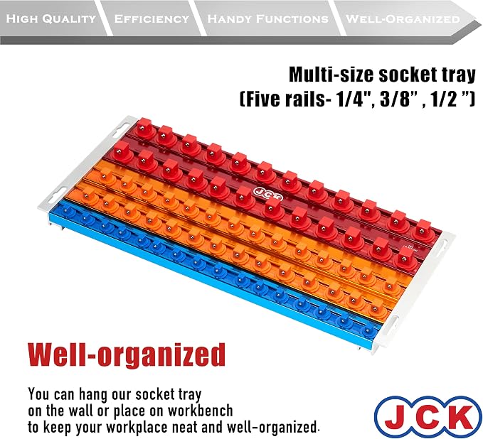 JCK Professional Quality Aluminum 3 Size of Socket Organizer Tray 5 rails | Holds 68 Sockets | 360° Rotary Positioning Studs, Moveable Secure, Socket Rack Kit,1/4 3/8 1/2 Socket Tray