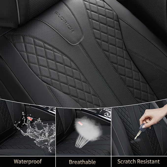 FLORICH Leather Seat Covers Full Set Automotive Seat Covers Black Car Seat Covers Waterproof Front and Back Seat Covers Car Seat Cushion Protector Universal Fit for Most Cars SUV Trucks, Black