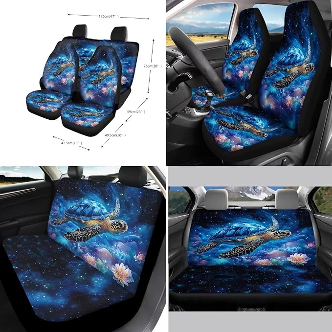 Suobstales Galaxy Turtle Flower Print Car Seat Covers 11 Pcs Car Accessories Interior Set Auto Front Rear Split Seats Protectors with Steering Wheel Cover, Seatbelt Pads, Cup Holder, Keychain