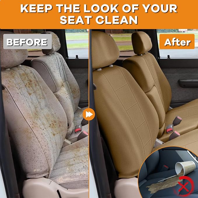 Truck Seat Cover Compatible with 1995-2000 Toyota Tacoma, Knitted Front Bench 60/40 Seat Covers with 2 Headrests and Center Console, Tan