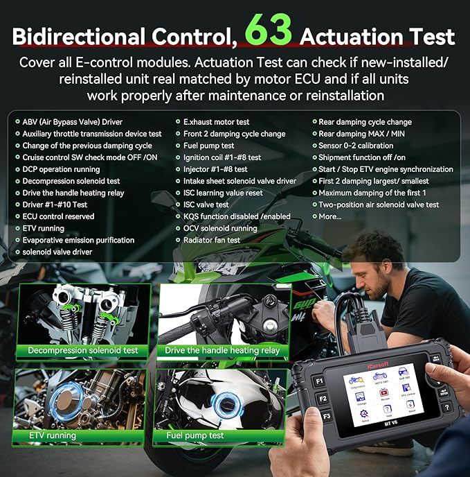 Motorcycle Bidirectional Diagnostic Scan Tool for Kawasaki, iCarsoft MT V6 All System Motor OBD2 Scanner- All Actuation Tests, Special Functions, Battery Test, Also for Car OBD2 Diagnose-Upgraded Ver