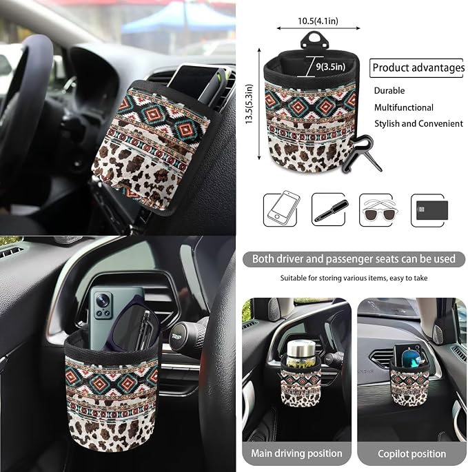Wanyint Car Seat Covers Set for Women, with Steering Wheel Rear View Mirror Cover Seat Belt Pads Trash Bin Sunglass Pocket Coasters Key Chain Car Accessories, 15 PCS Set, Aztec Navajo Cow Print