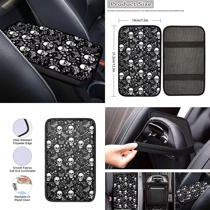 Howilath Black Butterfly Skull Car Front Seat Cover Auto Accessories with Center Console Cover+Steering Wheel Cover+Seatbelt Pads+Keychain+Coasters Set of 10 Fit Most Vehicle