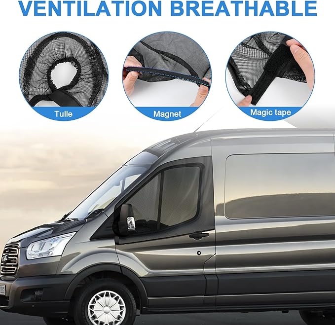Magnetic Van Window Screens, 47 x 33 inches Front Door Bug Screens (Pair), Universal Size for Transit Van, Promaster, Sprinter and Other Vans & Cars, Keeps Bugs Out Magnetic Bug Mesh, Easy to Install