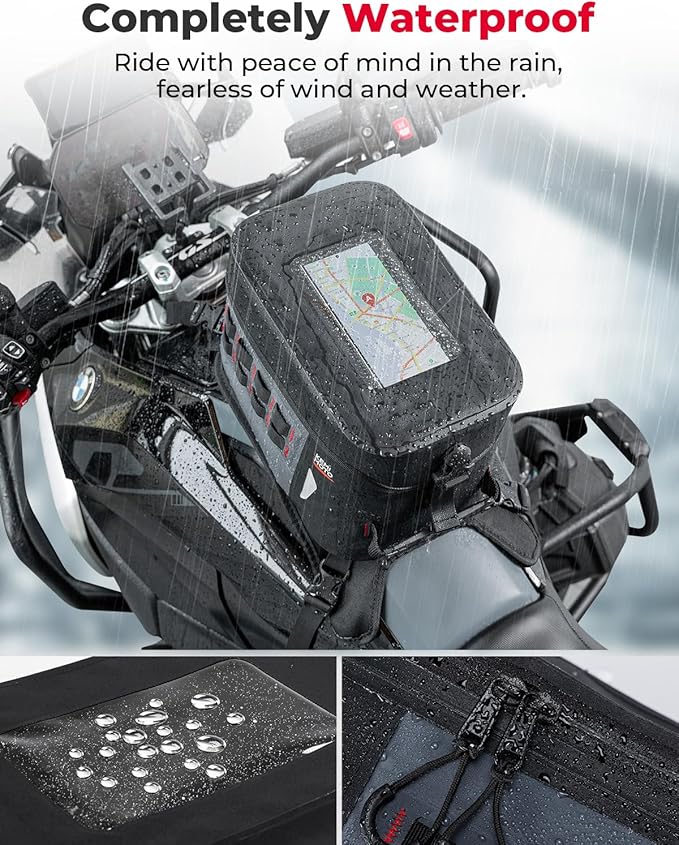 KEMIMOTO Motorcycle Tank Bag, PVC Waterproof Adventure Storage Tank Bag with Straps, High Sensitivity Touch Screen, Black 8L