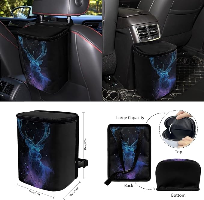 Galaxy Deer Print Car Accessories Full Set of 15 Car Seat Covers Seatbelt Strap Covers Steering Wheel Cover Air Vent Storage Bag Rearview Mirror Cover Cup Holder Key Chain Car Decor