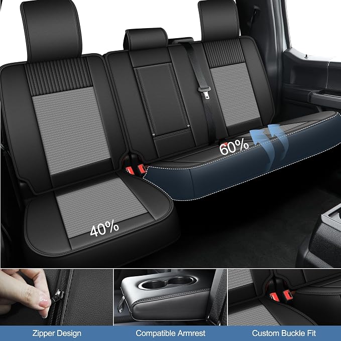 for Ford F150 2009-2026 Seat Covers F250 F350 F450 2017-2026 | Super Duty Truck Faux Leather Ice Silk XL XLT Lariat Platinum SuperCrew STX Extended Cab Trims (5 Seats, Black & Grey)