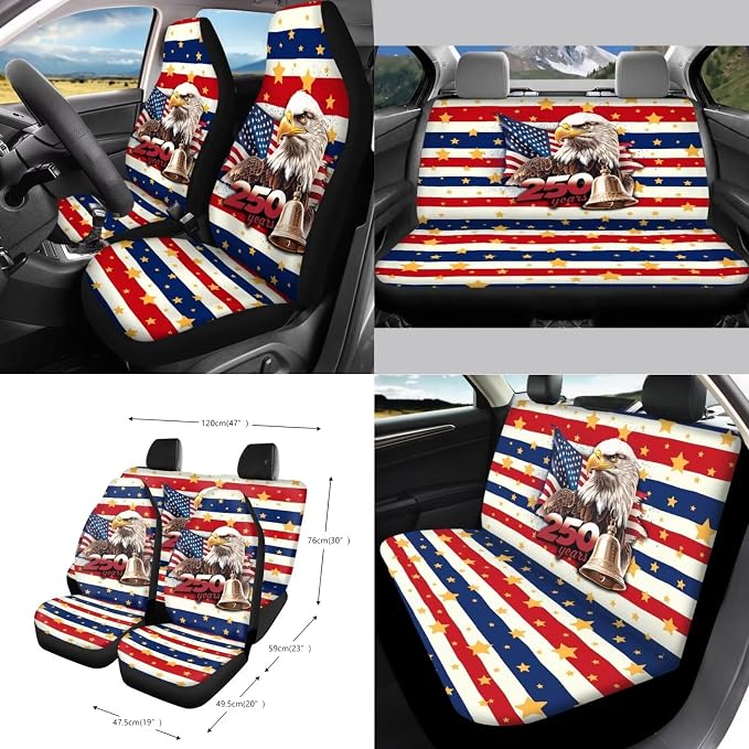 Car Seat Covers 15Pcs Full Set Car Steering Wheel Cover Seat Belt Cover Trash Bin Air Vent Storage Box Rear View Mirror Car Cup Holder Keychain, American Flag Eagle 250 Years