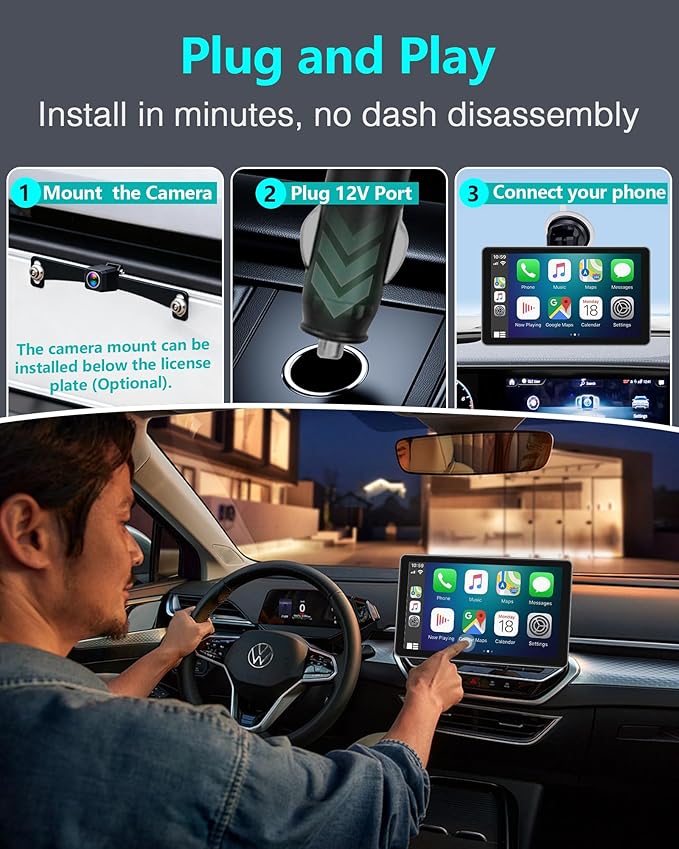 Thybro Portable Apple Carplay with Backup Camera: Plug-Play 15-Mins DIY Installation Carplay Screen - Compatible with 99% of Older Cars Upgraded - Wireless Seamless Connection for Apple/Android Auto
