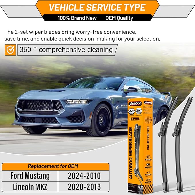 AUTOBOO 22"+20" Windshield Wipers Replacement for Ford Mustang 2010-2021 2022 2023 2024,Lincoln MKZ 2013-2020 -Original Factory Quality (Pack of 2)
