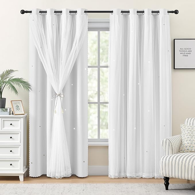 XiDi White Curtains for Girls Nursery Room 90 Inches Long Blackout Double Layer Curtains with Sheer Overlay for Kids Toddler Princess Bedroom Living Room Darkening Grommet Window Drapes W34 X L90