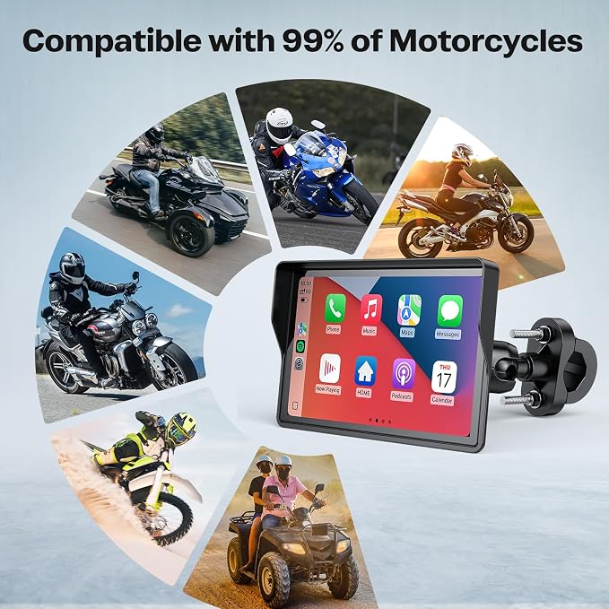 WonVon 5 Inch Motorcycle Carplay GPS Navigation System with Apple Carplay and Android Auto Portable Screen with Dual Bluetooth, Navigation, Siri, Google Assistant