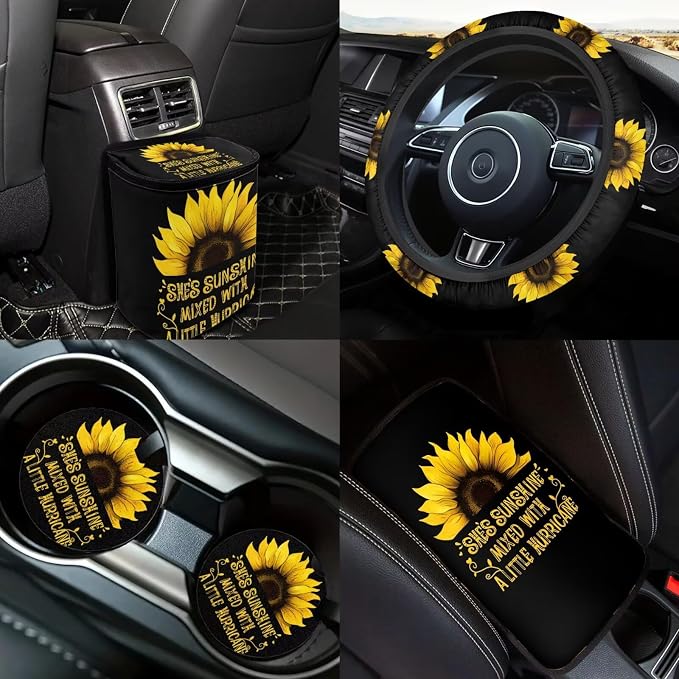 Sunflower Print Car Seat Covers Full Sets 18 Pieces Sunshine Sunflower Print Car Interior Accessories Sets with Steering Wheel Car Covers Car Headrest Covers Hanging Car Trash Can Belt Pads