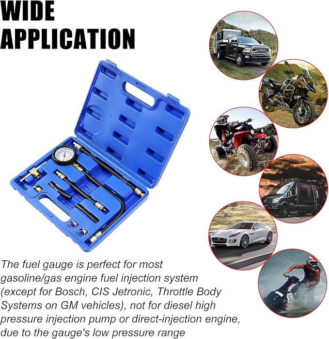 JIFETOR Fuel Injection Pump Pressure Tester Gauge Kit, Car Gasoline Gas Fuel Oil Injector Test Manometer Tool Set 0-100PSI, Universal for Auto Truck SUV Motorcycle ATV RV