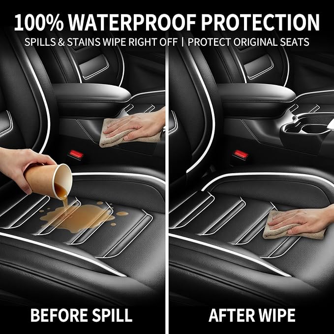 Fit XT6 Car Seat Covers for Select Cadillac XT6 2020-2025, Premium Full Coverage Leather, Airbag Compatible, Scratch-Resistant, Waterproof, All Weather Seat Protector, Full Set, Black+White