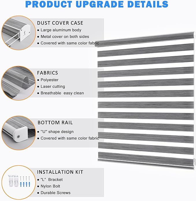 Window Blind Dual Layer Polyester Zebra Roller Light Filtering Sheer Shades Window Treatments Privacy Light Control for Day and Night(W40 x H72(Inch), Grey)