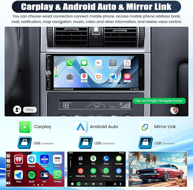 Single Din Touchscreen Car Stereo with Wireless Carplay&Android Auto,6.9 Inch Car Radio MP5 Player with Bluetooth FM Radio EQ Car Audio with USB/Type-C SWC+Backup Camera+Microphone