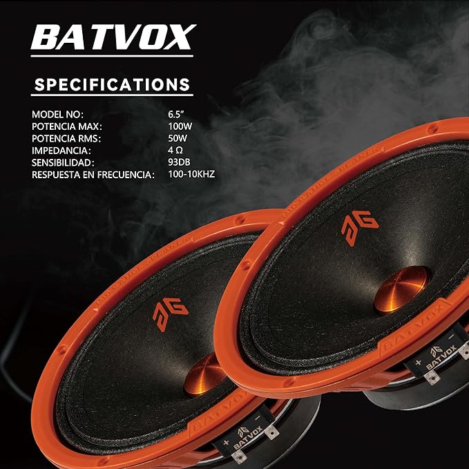 MX65P1 Loudspeaker 6.5 Inch Midrange 200 Watts 4 Ohms Orange Dust Cap, Premium Quality Audio Door Speakers for Car or Truck Stereo Sound System, Orange (2 Speakers)