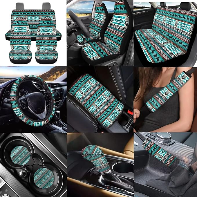 Dreaweet Aztec Car Seat Covers Full Set Native American Dreamcatcher and Horse Seat Covers with Steering Wheel Cover,Armrest Pads,Seat Belt Pads,Coasters,Gear Shift & Handbrake Cover,Universal Fit