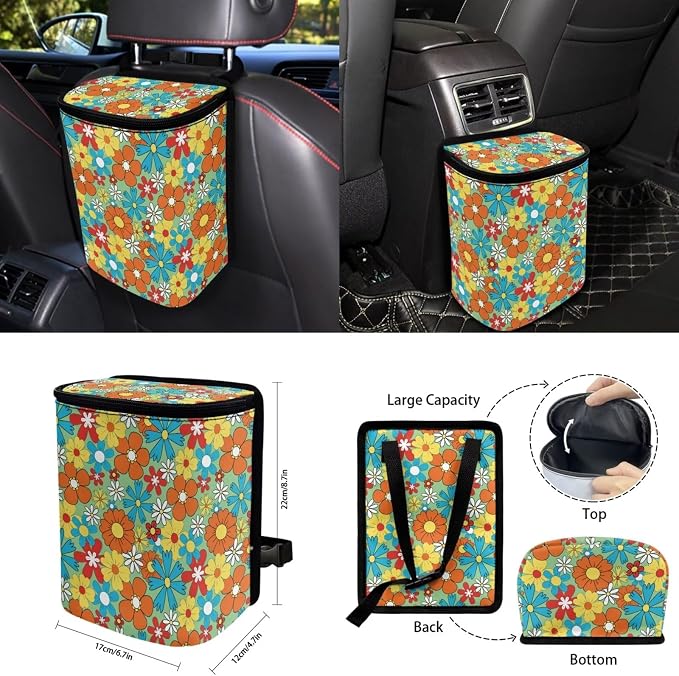 Hippie Floral Car Seat Cover Protector 15 PCS Set, with Steering Wheel Rearview Mirror Cover Seat Belt Pad Garbage Bag Coasters Key Chain Fit Most Vehicles