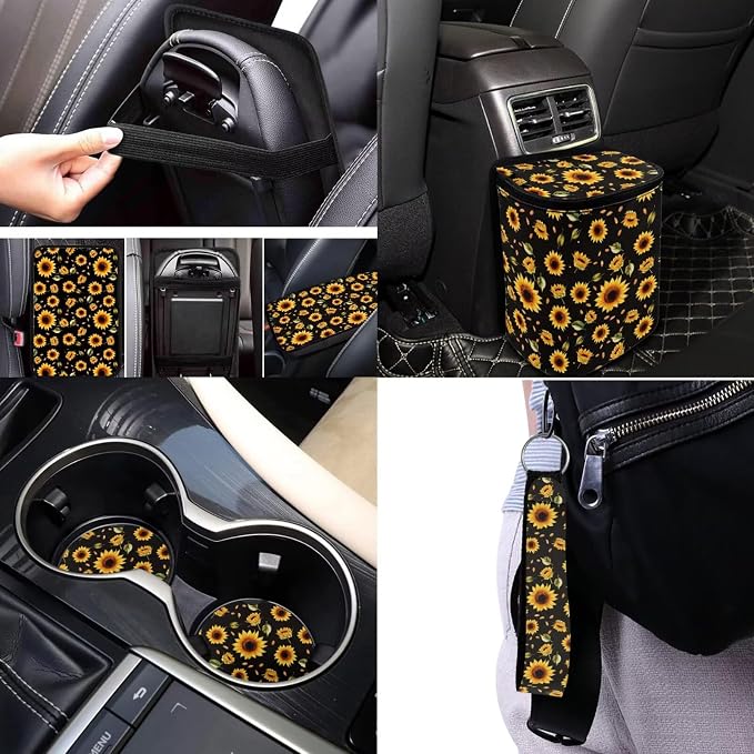 Sunflowers Car Seat Covers Full Set 17 Pack,Sunflower Car Aaccessories for Women Automotive Seat Head Rest Protector for Auto Front Seat Rest Decoration Soft Seat Belt Shoulder Pad