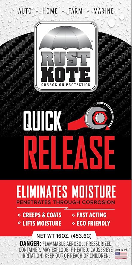 RustKote Quick Release Aerosol 12oz, Penetrating Oil. Corrosion Inhibitor. Loosens Rusted and Stuck mechanisms, loosens Rust/Metal Corrosion and Helps Release Stuck, Frozen, Rusted Metal Parts.
