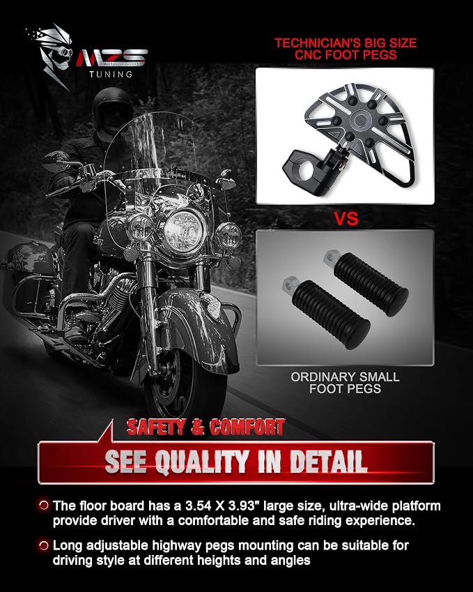 MZS Motorcycle Highway Pegs, 1.25" Short Adjustable Highway Foot Peg CNC Aluminum Compatible with Road Glide King Softail Electra Street Glide Sportster Vulcan Chief Boulevard for 1 1/4 Engine Guards