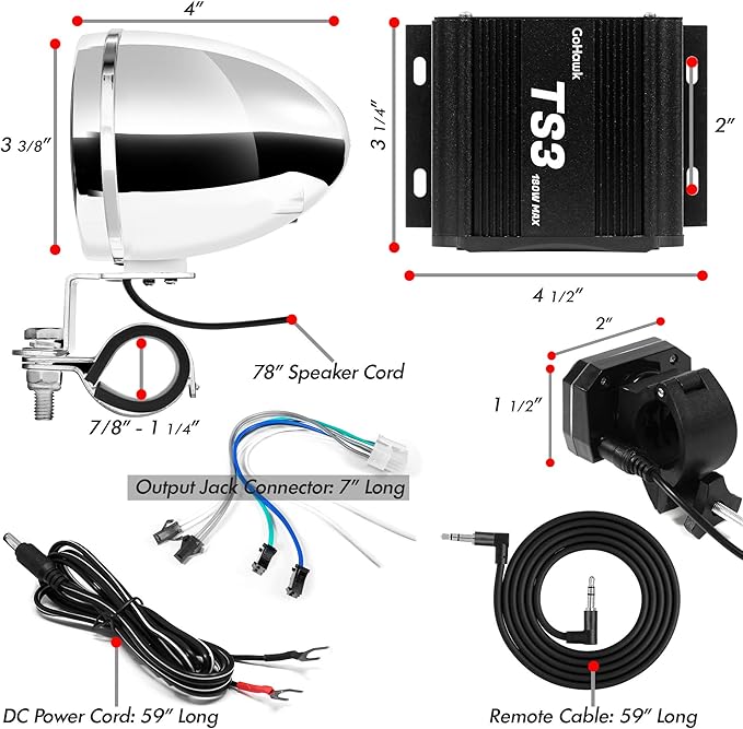 GoHawk Motorcycle Speakers Bluetooth, Waterproof Speakers and Amplifier Audio Sound System, Weatherproof, FM Radio, Volume Control, ATV UTV w/AUX in, USB, Micro SD