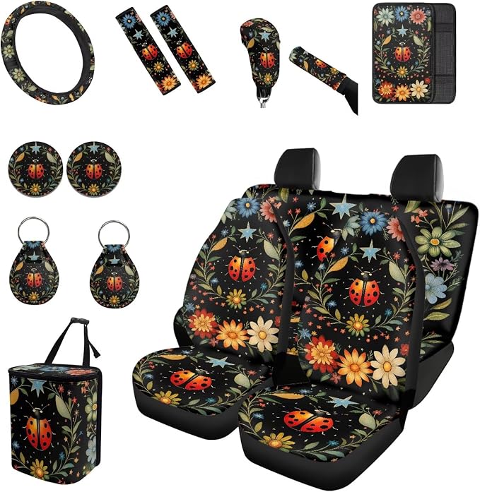 Forchrinse Ladybug Car Seat Covers for Women Flower 15 Pack Car Accessories Set with Steering Wheel Covers Armrest Seat Belt Covers Gear Handbrake Cover