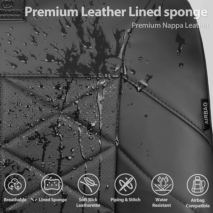 CAR PASS Nappa Leather Waterproof Car Seat Covers Full Set, 3D Foam 5 Seat Covers Full Set with Rhomb, Comfort Universal Fit for Most SUV Truck Sedan, Airbag Compatible, 5 Seats Leatherette All Black