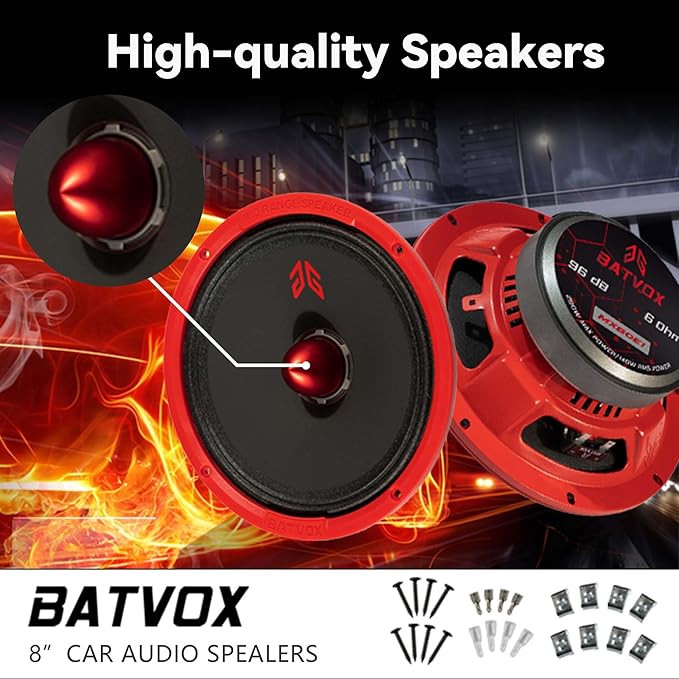 MX80E1 Loudspeaker 8 Inch Midrange 560 Watts 6 Ohms Red Bullet, Premium Quality Audio Door Speakers for Car or Truck Stereo Sound System, Red (2 Speakers)