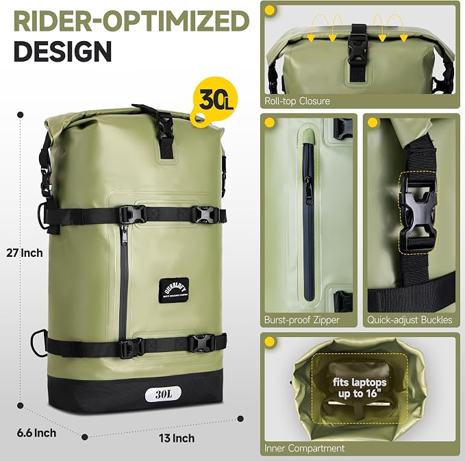 Motorcycle Saddle Bag, 30L Waterproof Motorcycle Tail Bag | 2 Size and 3 Color Options Travel Bag, PVC Bag, Rear Seat Bag, Field Green GT-30GN