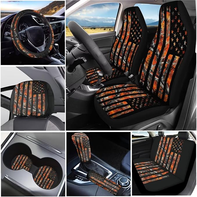KEIAHUAN Car Seat Covers Front Back Includes Handbrake Gear Shift Knob Cover Steering Wheel Cover Headrest Cover Car Cup Coasters Auto Interior Accessories(Camo Hunting American Flag)