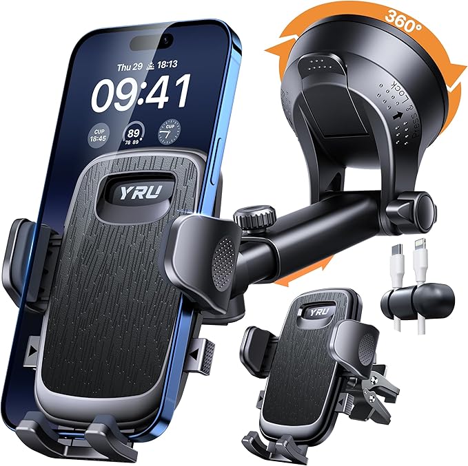 【2026 BEST & Military-Grade】Car Phone Holder Mount,【360° Rotatable Suction & 100+LBS Safest Strongest & Patent Certs】Dashboard Windshield Vent Truck Stand for iPhone 17 16 Pro Max Samsung, Matt Black