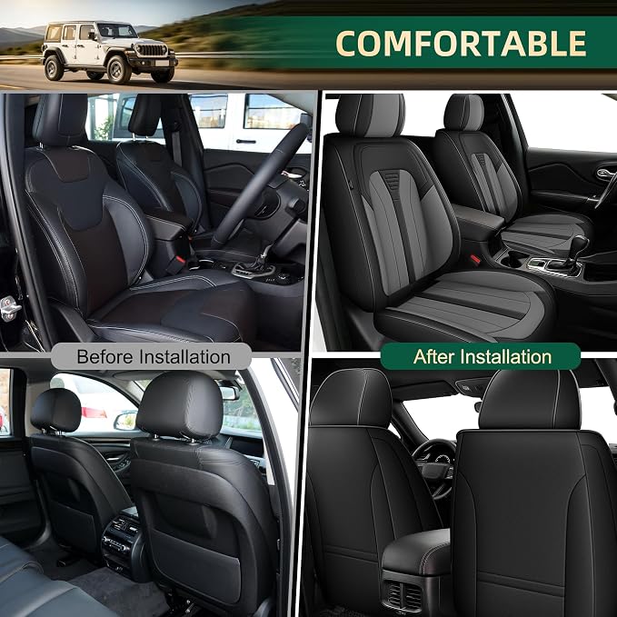Car Seat Covers Fit for Jeep Renegade 2015-2023 Waterproof Leather Seat Covers Breathable and Comfortable All Weather Seat Covers (2 Front Set, Black & Grey)