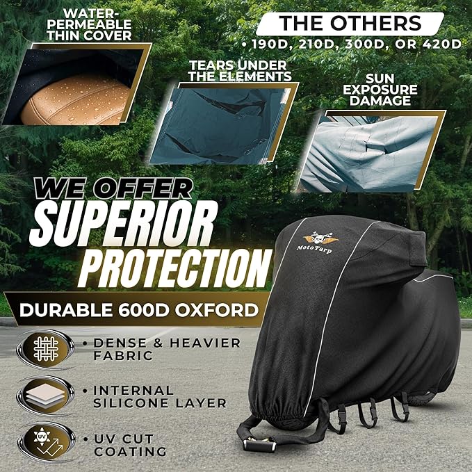 600D Heavy Duty Motorcycle Cover Waterproof Outdoor Storage All-Season Weatherproof Protection with Air Vents, Exhaust Heat Shield, Wheel Lock Slots & Reflective Strips (Black, 2XL 96X41X55)