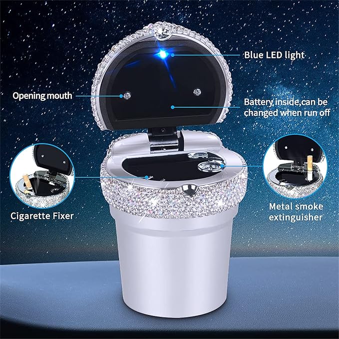 eing Car Ashtray Portable Bling Cigarette Smokeless Cylinder Cup Holder with Blue LED Light Indicator and 2 Replacement Batteries,Car Accessories for Women,Ideal for Car,Home and Office,1-Pack Silver