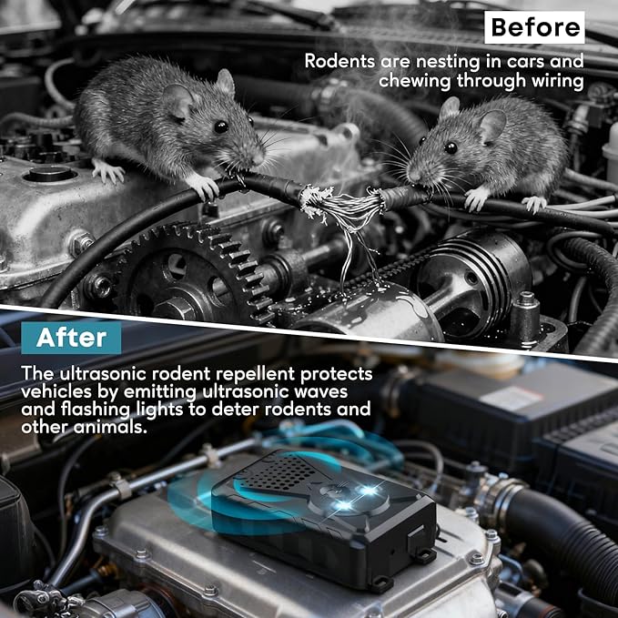 Ultrasonic Pest & Rodent Mouse Squirrels Repellent, Plug-in Electronic Rat Bat Bug Spider Repeller, Battery Operated Deterrent Control Mice for Car Engines, Replace Mouse Traps Indoor, Outdoor 2 Pack