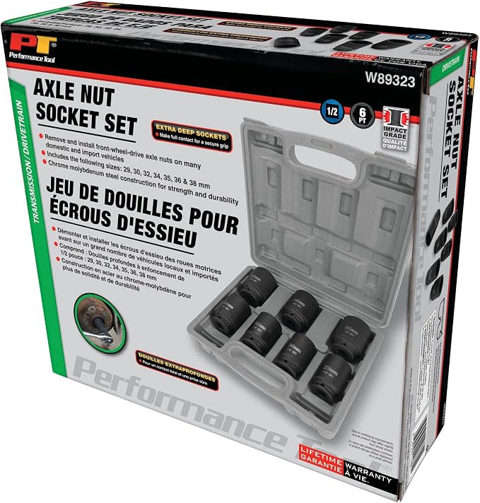 Performance Tool W89323 Axle Nut Socket Set, 1/2" Drive (7 Pieces) - Chrome Molybdenum Steel, Extra-Deep Sockets, Fits Various Domestic and Import Vehicles, Storage Case Included