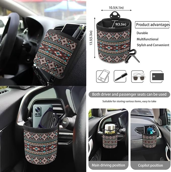 Aztec Tribal Geometric Pattern 15 Pieces Car Accessories with Car Seat Cover Steering Wheel Cushion Seat Belt Pad Keychain Cup Coasters Air Vent Bag Trash Can and Mirror Cover