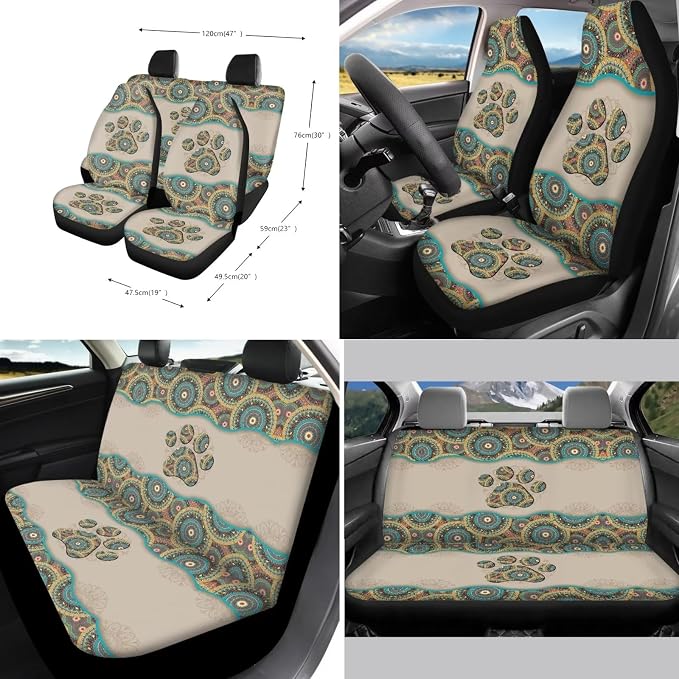 Suobstales Boho Mandala Print Car Accessories for Women Men Dog Paw Seat Covers for Car, Trucks, SUV Full Set Interior Cover Seat Protectors with Steering Wheel Cover,Seat Belt Pads,Coaster,Keychains