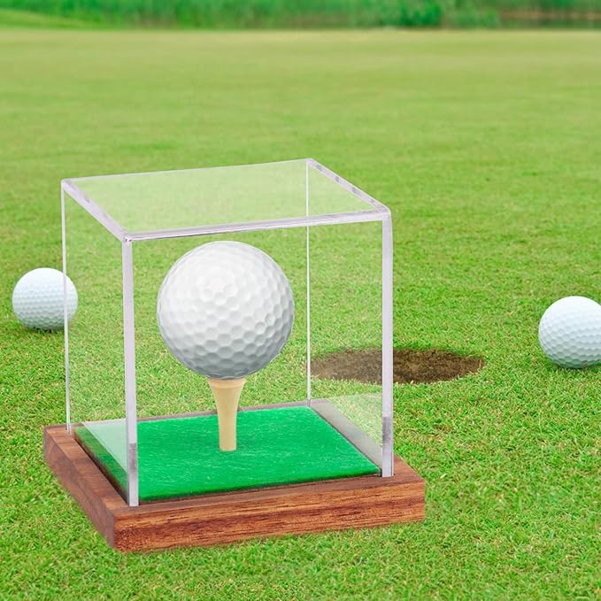Clear Acrylic Golf Ball Display Case with Wood Base & Tee, Memorabilia Stand Cube Holder, Dust Protection Transparent Storage Box for Single Ball Souvenir Golfball Collections