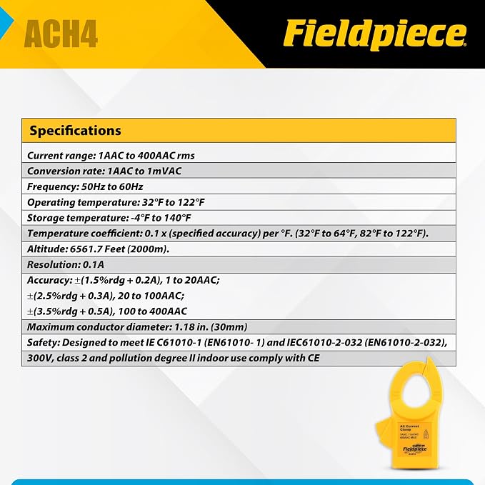 Fieldpiece ACH4 400A Amp Clamp Accessory Head for HVAC Testing, AC Current Clamp Meter Attachment, Jaw Claw Wire Isolation, Compatible with Stick Multimeters & Digital Meters